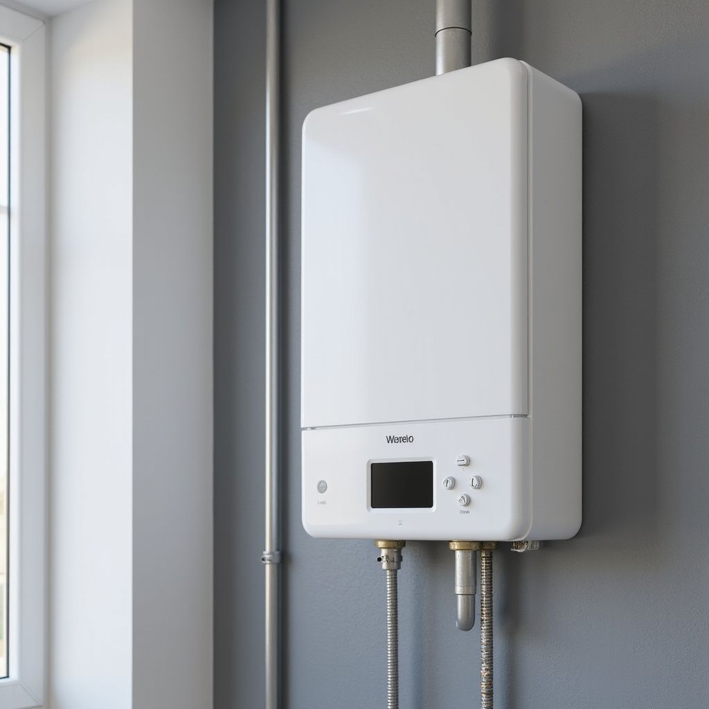 White wall-mounted gas boiler with display and pipes against a gray wall.