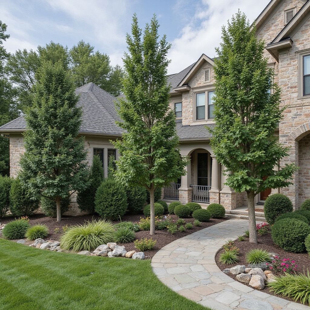 Stone pathway leads to a brick house with manicured landscaping, including trees, shrubs, and flowers.