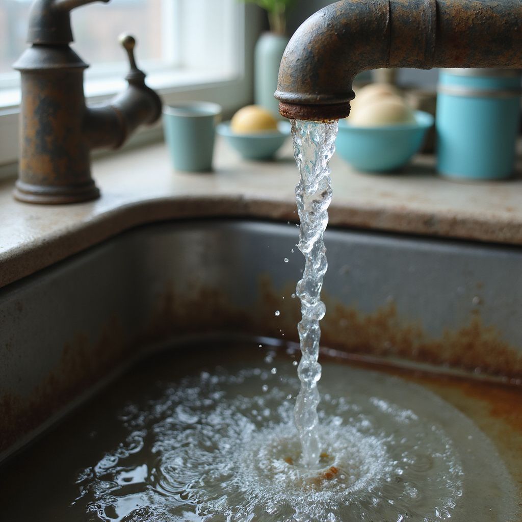 Water flows from a rusty faucet into a stained kitchen sink. Sink replacement and leaky sink repair in Jefferson, GA.