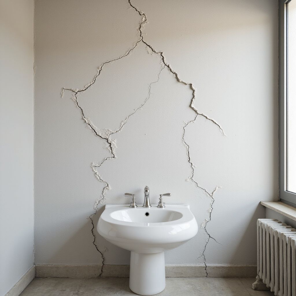 White bathroom with sink and large cracks in wall. Leak detection and repair from crack on walls. Plumbers repair wall pipes.