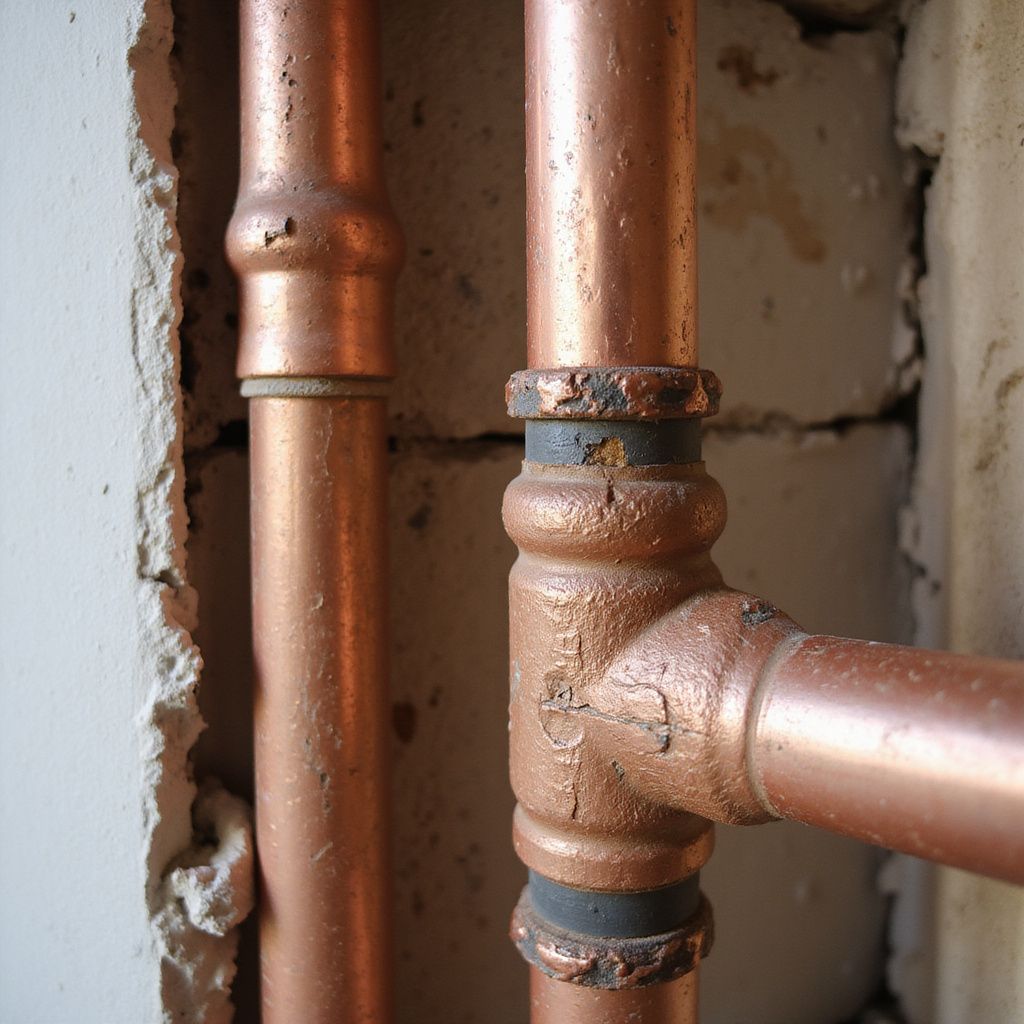 Copper plumbing pipes emerging from a wall, with visible joints and corrosion. Plumbers to repair pipes behind walls.