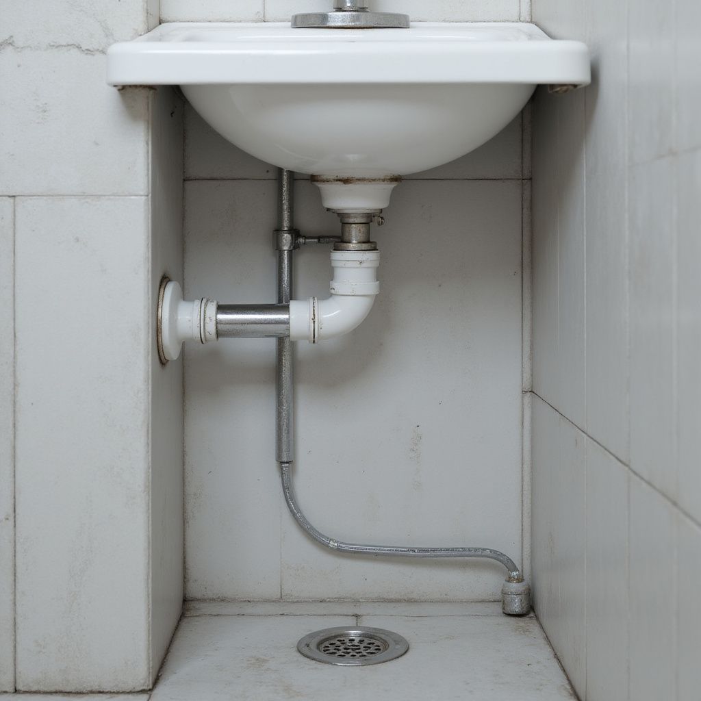 White sink with plumbing against tiled wall, drain visible in front. Commercial building sink repair plumber in Georgia.