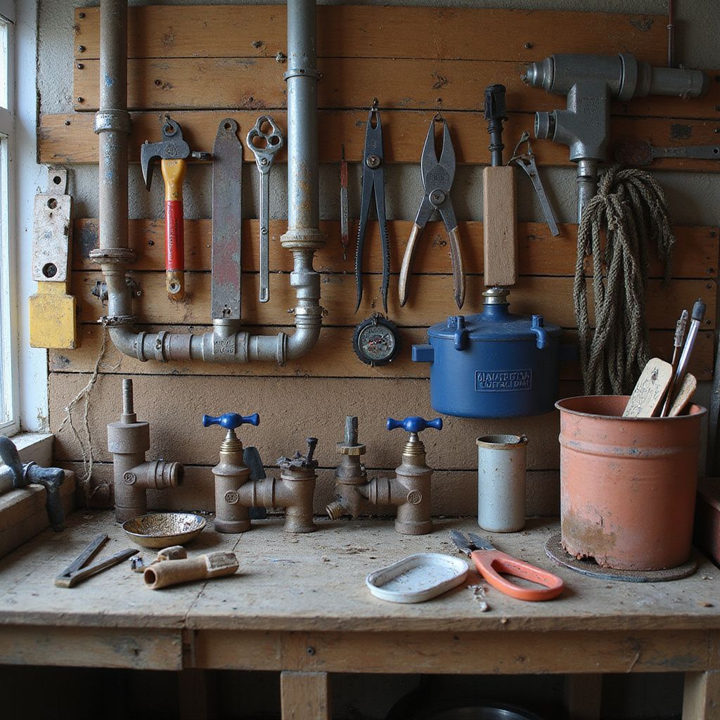Tools and plumbing fixtures on a wooden workbench and wall in a workshop. Plumbers offering repiping services in Arcade GA