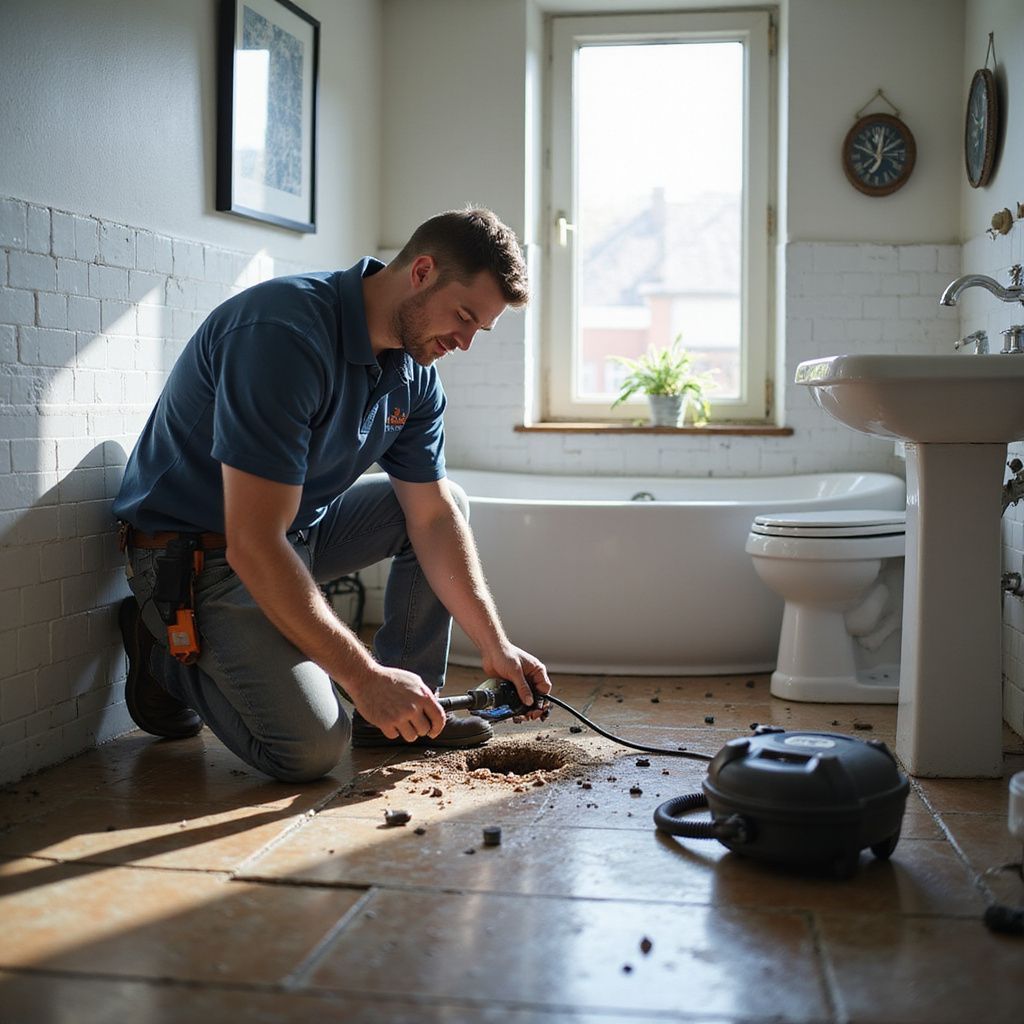 Plumber in a bathroom, kneeling and working on a drain. Brown tile floor, white tub and sink. Under floor pipe water damage.