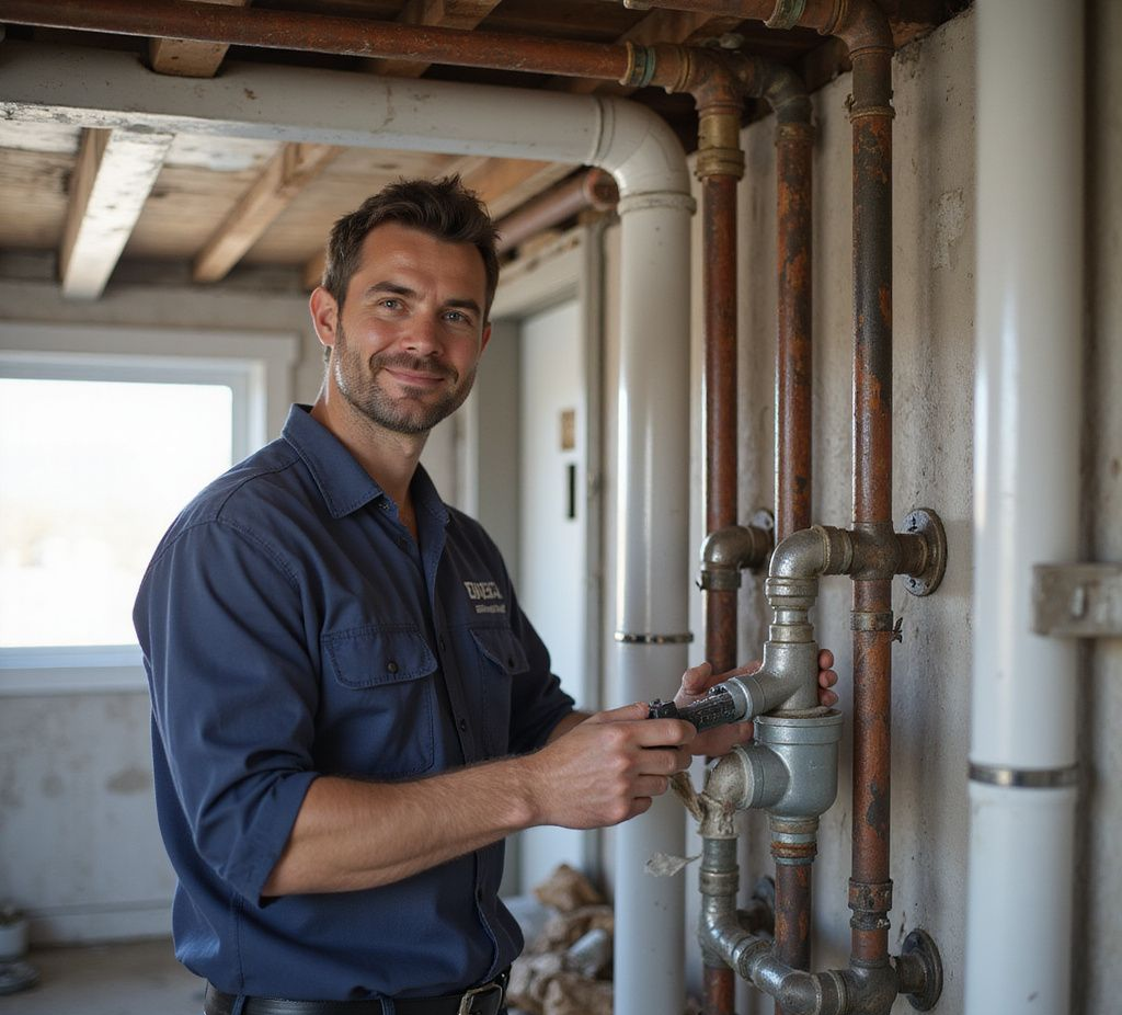 Plumber in blue work shirt smiles, holding pipe, near plumbing in basement.