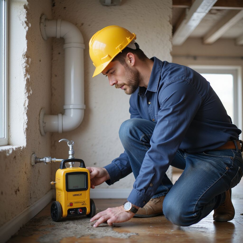 Construction worker in yellow hard hat, inspecting yellow gas detector near pipes in building. Commercial leak detection.