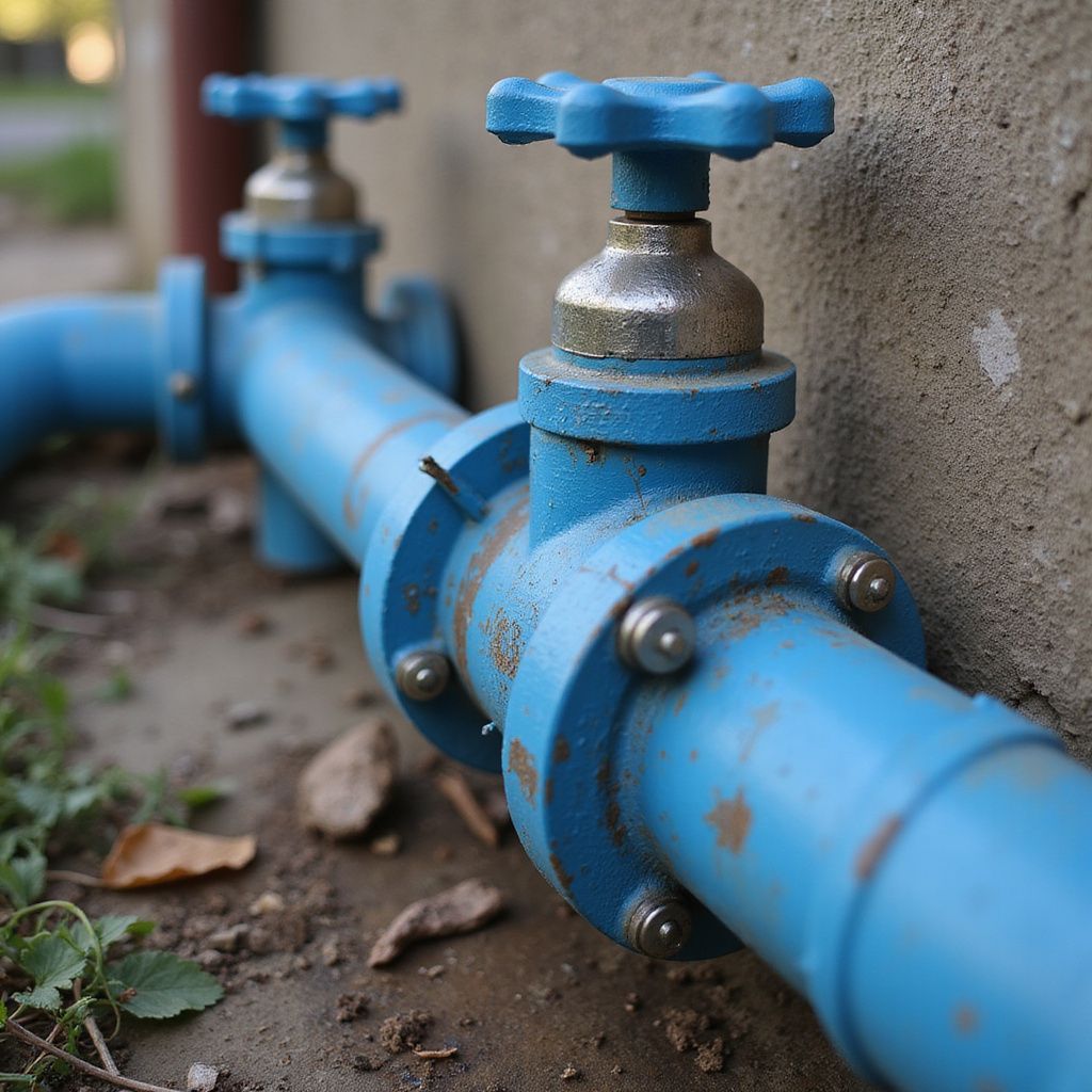 Blue water pipes with two blue valves against a concrete wall.