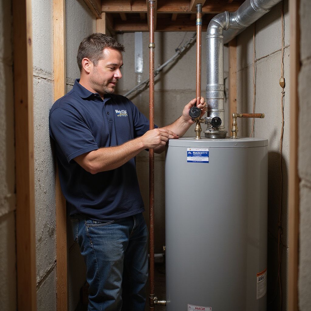A person adjusts a valve on a water heater in a utility room. Water heater repair in North Georgia. Water heater fix in GA.