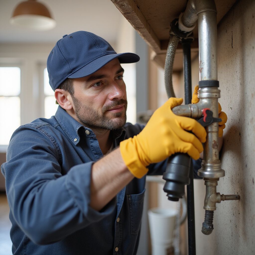 Plumber in blue shirt, cap, yellow gloves, working on pipes under shelf. Plumbing pipe repair and plumbing pipe replacement.