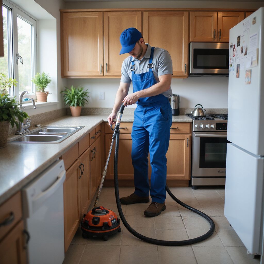 A person in blue overalls cleans a kitchen floor with a floor cleaner.