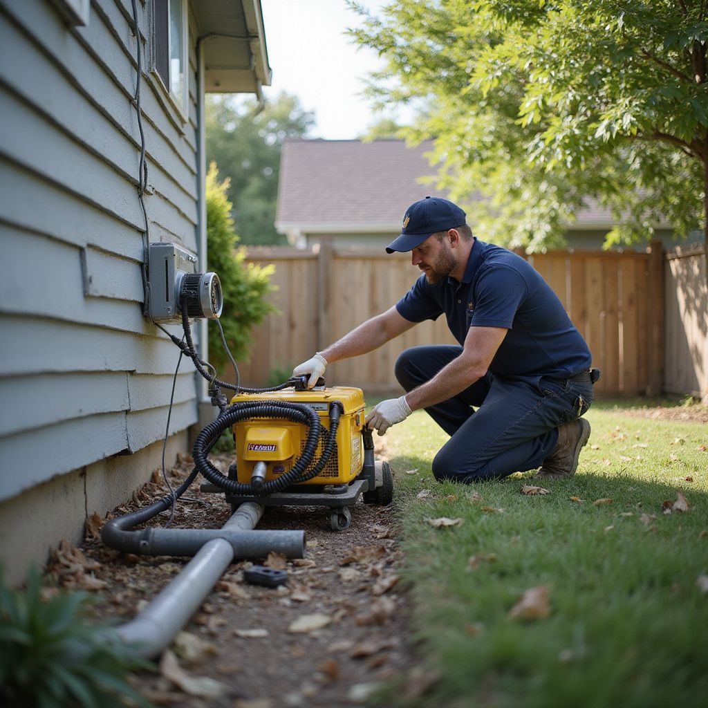 Man in blue shirt kneels beside a yellow machine connected to a gray pipe, near a house, adjusting controls.