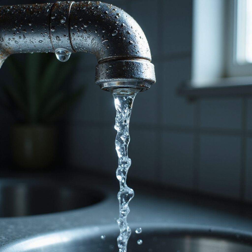 Faucet with water flowing into a metal sink; drops clinging to the faucet. Faucet leak and sink leak repair in Northeast GA.