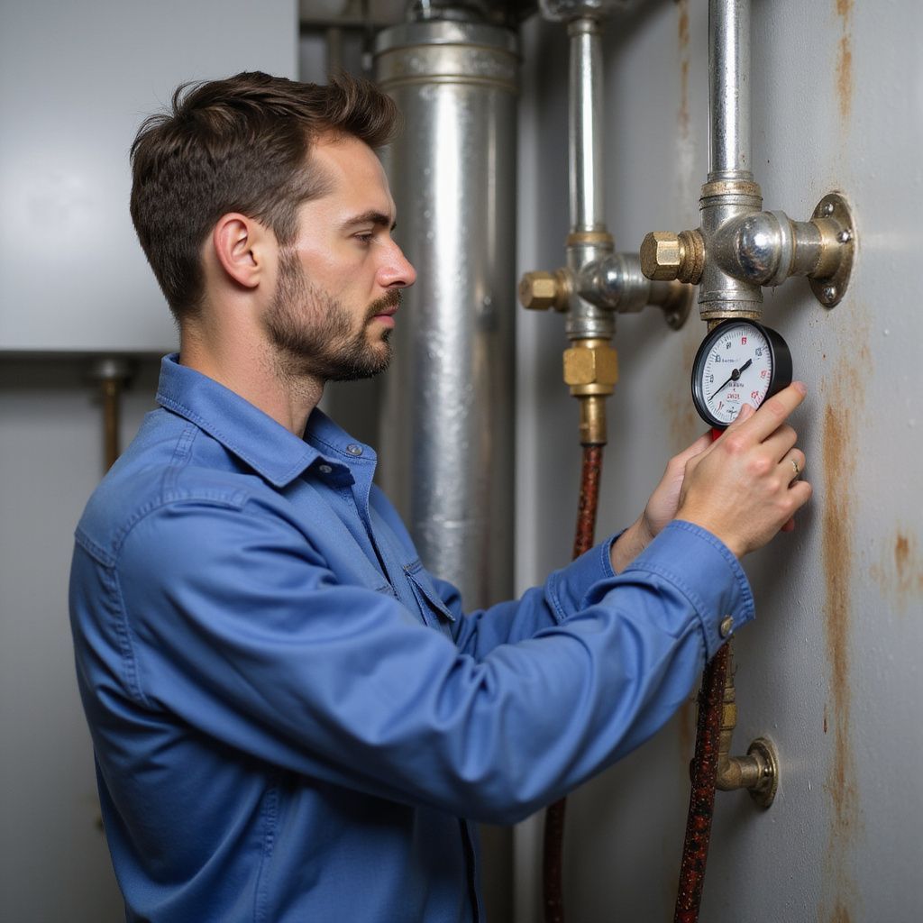 Man in blue shirt checks a pressure gauge on pipes, indoors. Home and commercial repiping services in Northeast Georgia.