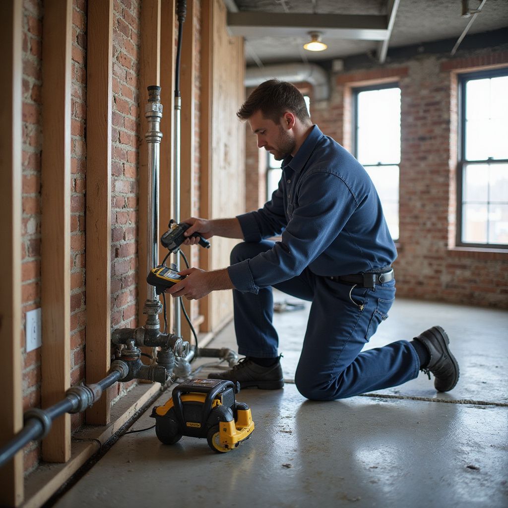Man in blue jumpsuit kneeling, inspecting pipes with a device, construction setting.