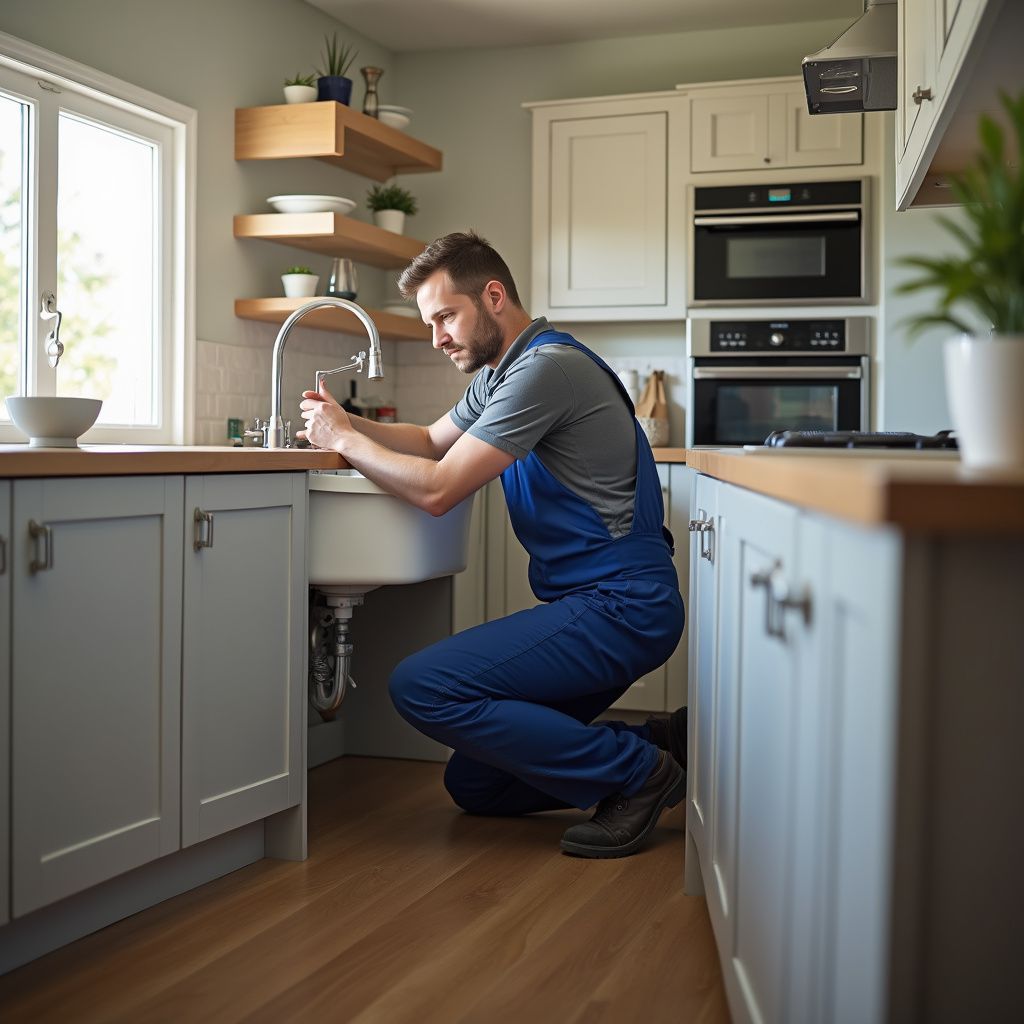 Plumber in blue overalls working on kitchen sink, gray cabinets, wooden countertop. New sink installation and repiping in GA.