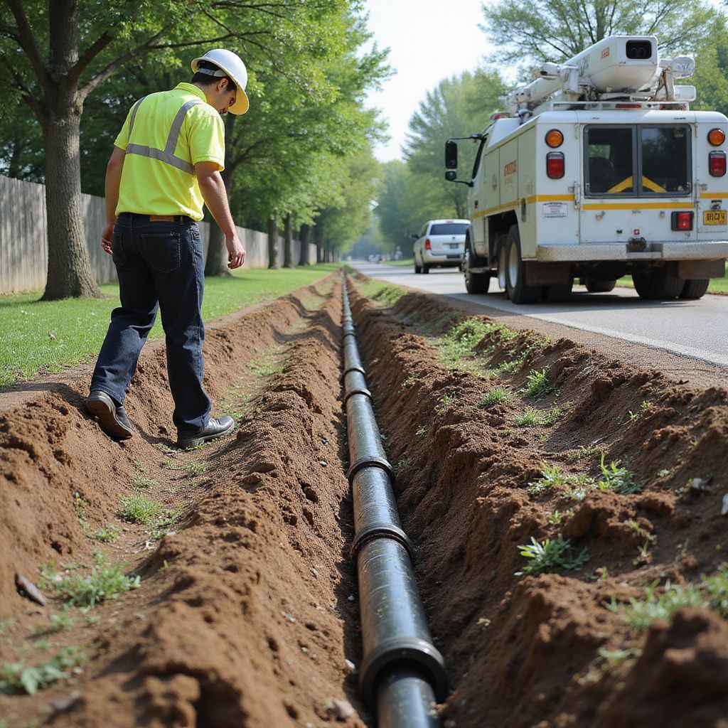 Utility worker inspecting a pipe in a trench beside a road, with utility truck in the back. Sewer line replacement or repair.