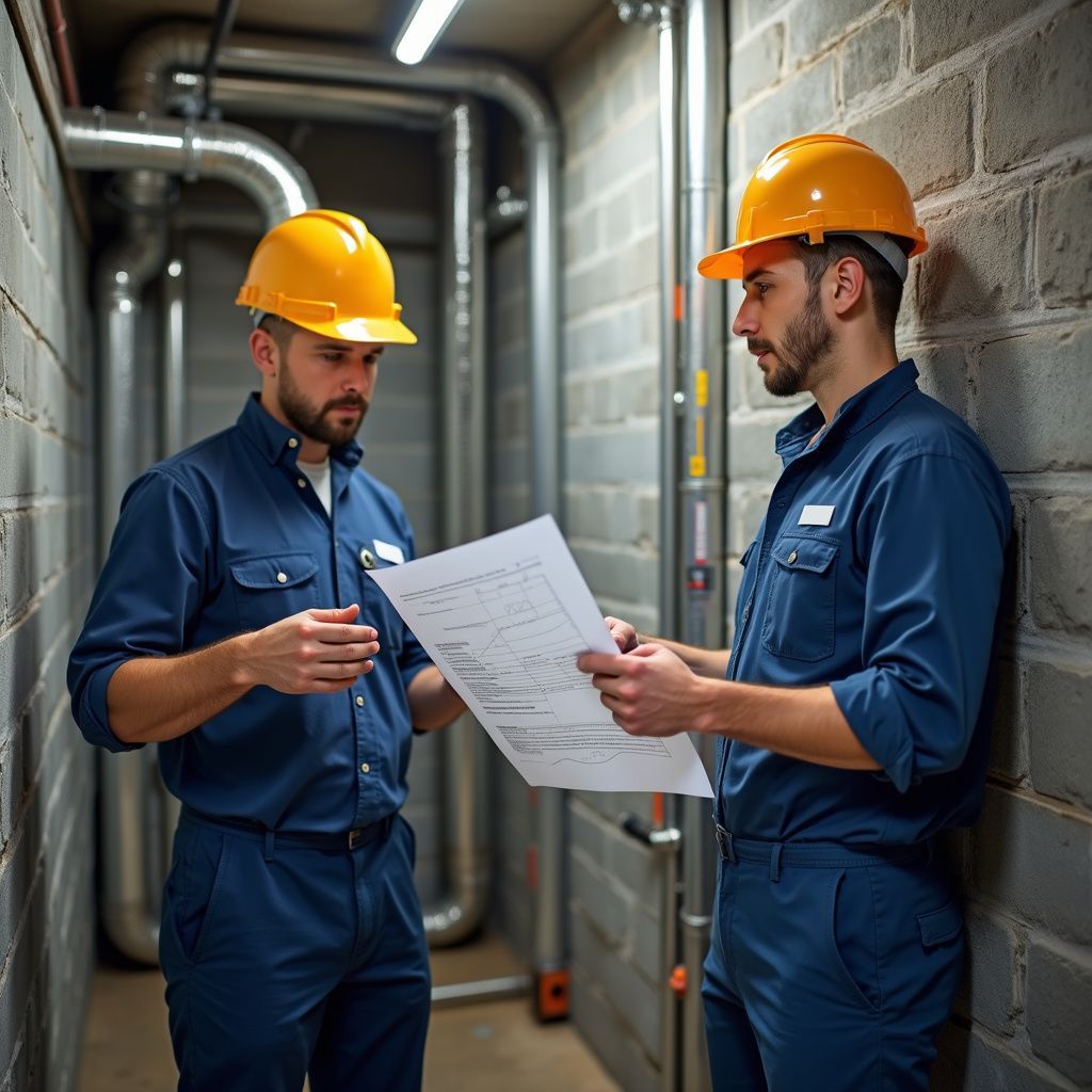 Two workers in blue coveralls and hardhats reviewing a blueprint in an industrial setting.