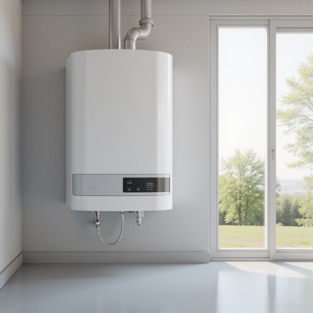 White wall-mounted gas boiler with digital display and piping, installed inside a room with a large window overlooking trees.
