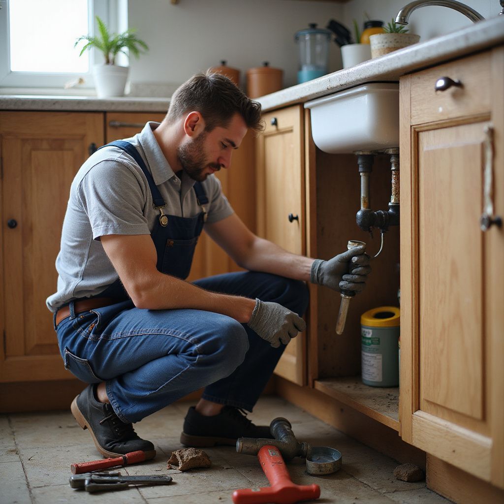 Plumber fixing pipes under a kitchen sink. Wearing gloves and using tools. Kitchen sink repair. Residential plumber.