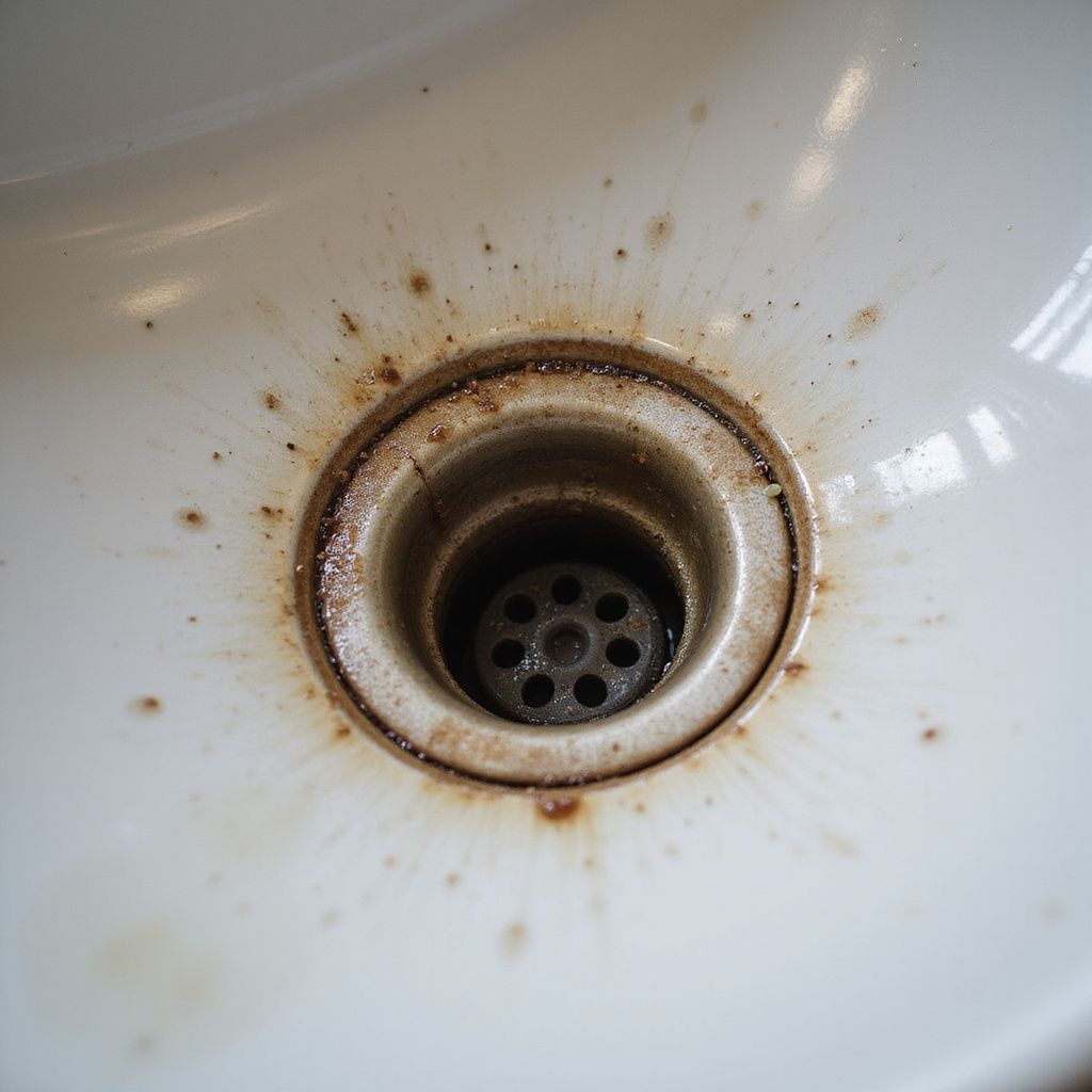 Dirty bathroom sink drain with brown stains around the opening. Bathroom sink leaking. Plumber to repair bathroom sink.