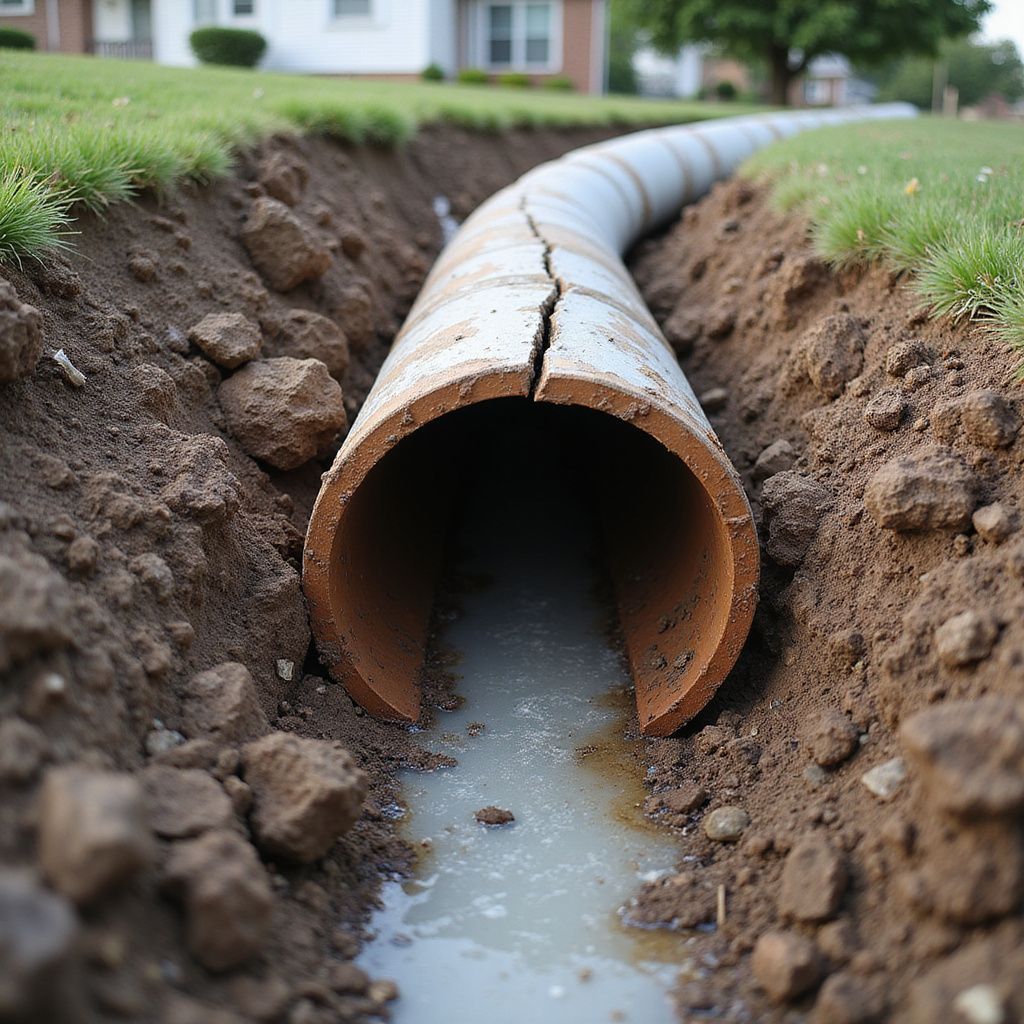 Cracked drain pipe in trench filled with water, in grassy yard. Importance of using premium plumbing materials for repiping.