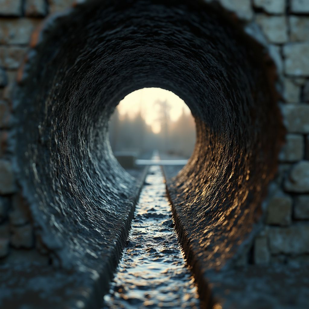 Tunnel perspective with sunlight, water channel, and forest in the distance.
