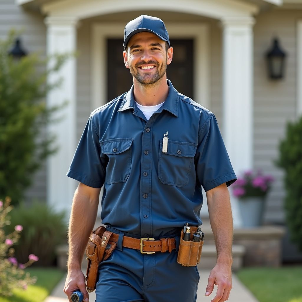 Smiling man in blue uniform and cap with tool belt, standing outside a house. Highly rated plumber in Northeast Georgia.