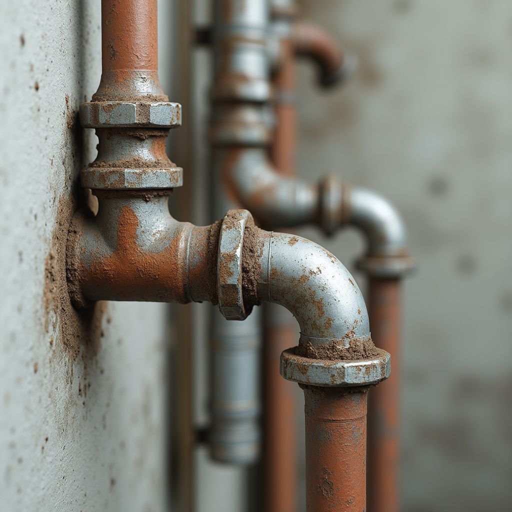 Rusty metal pipes attached to a weathered wall. Wall repairs and piping from a plumber who handles rusted pipes in Georgia.