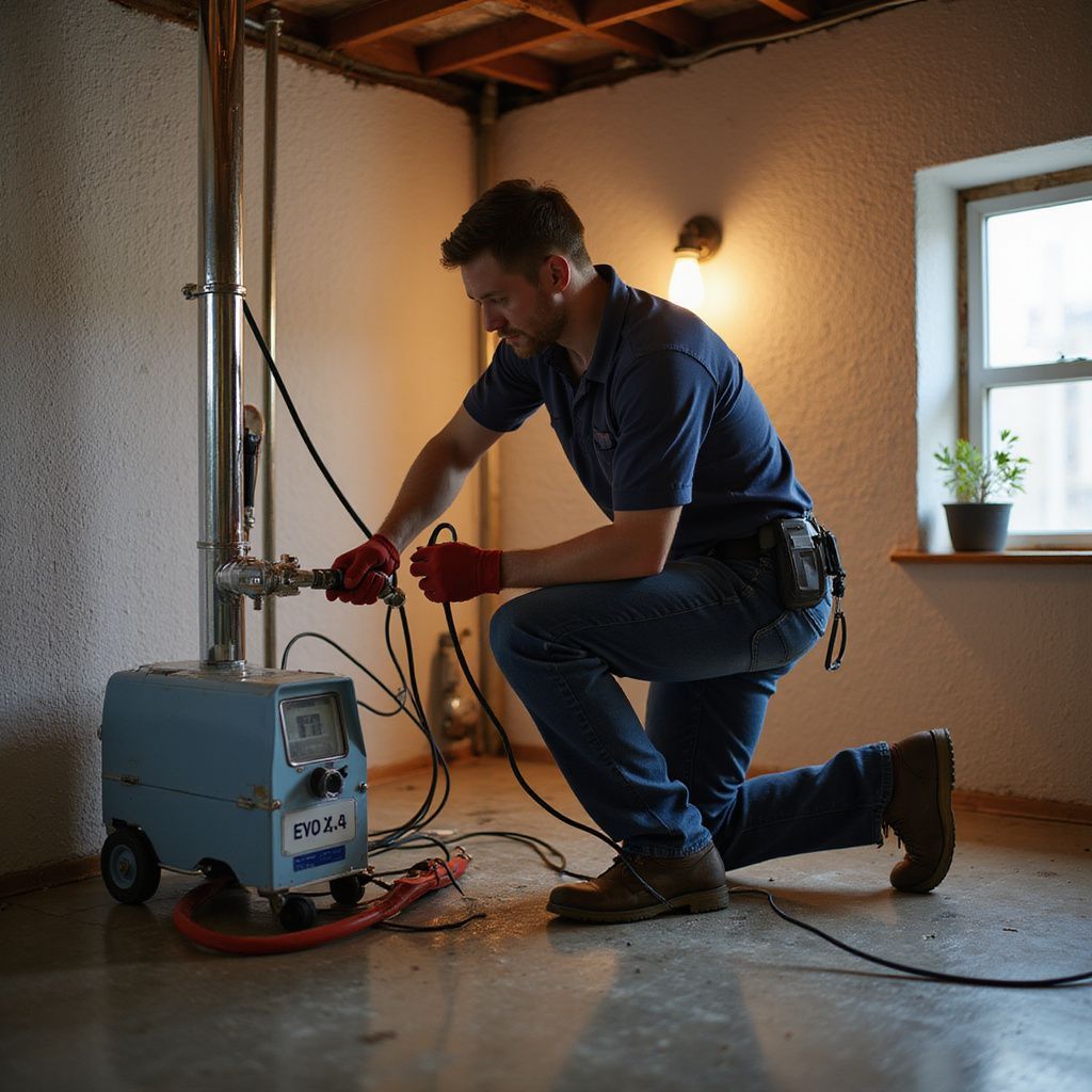 Plumber kneels, connecting a machine to a pipe in a basement. The machine is blue.