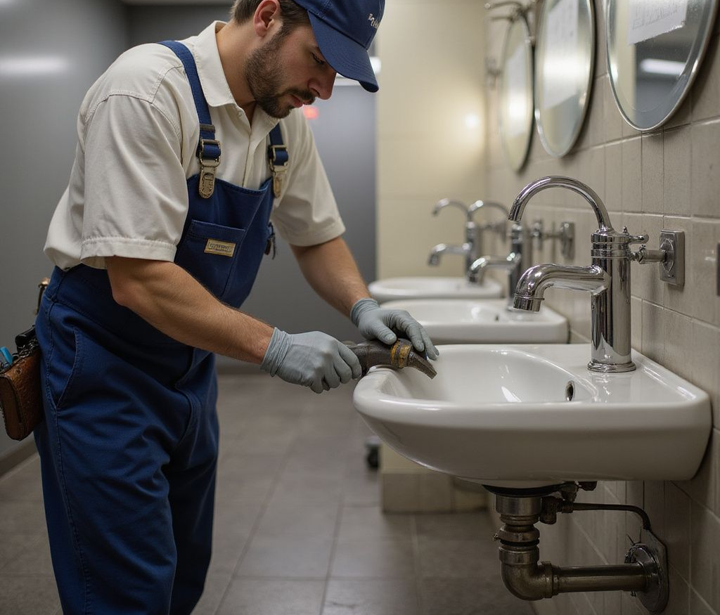 Plumber in blue overalls working on a sink in a public restroom.