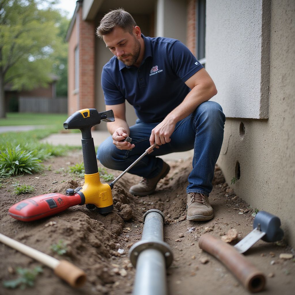 Man kneeling, inspecting pipe in a trench. Yellow and red tools nearby. Outdoors, by a building.