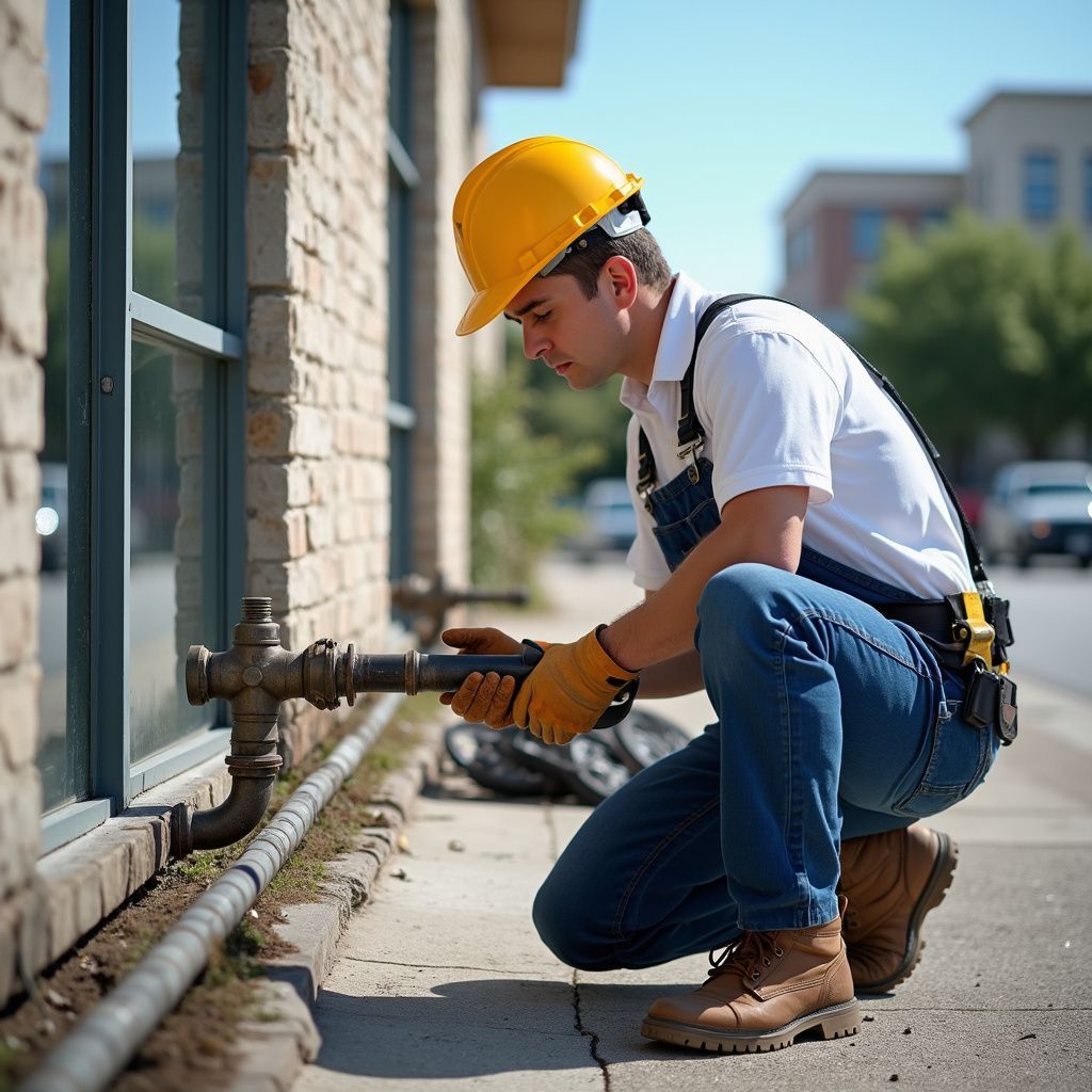 Construction worker in a yellow hard hat and gloves crouches, inspecting a pipe outside a building. Leak detection Winder GA.