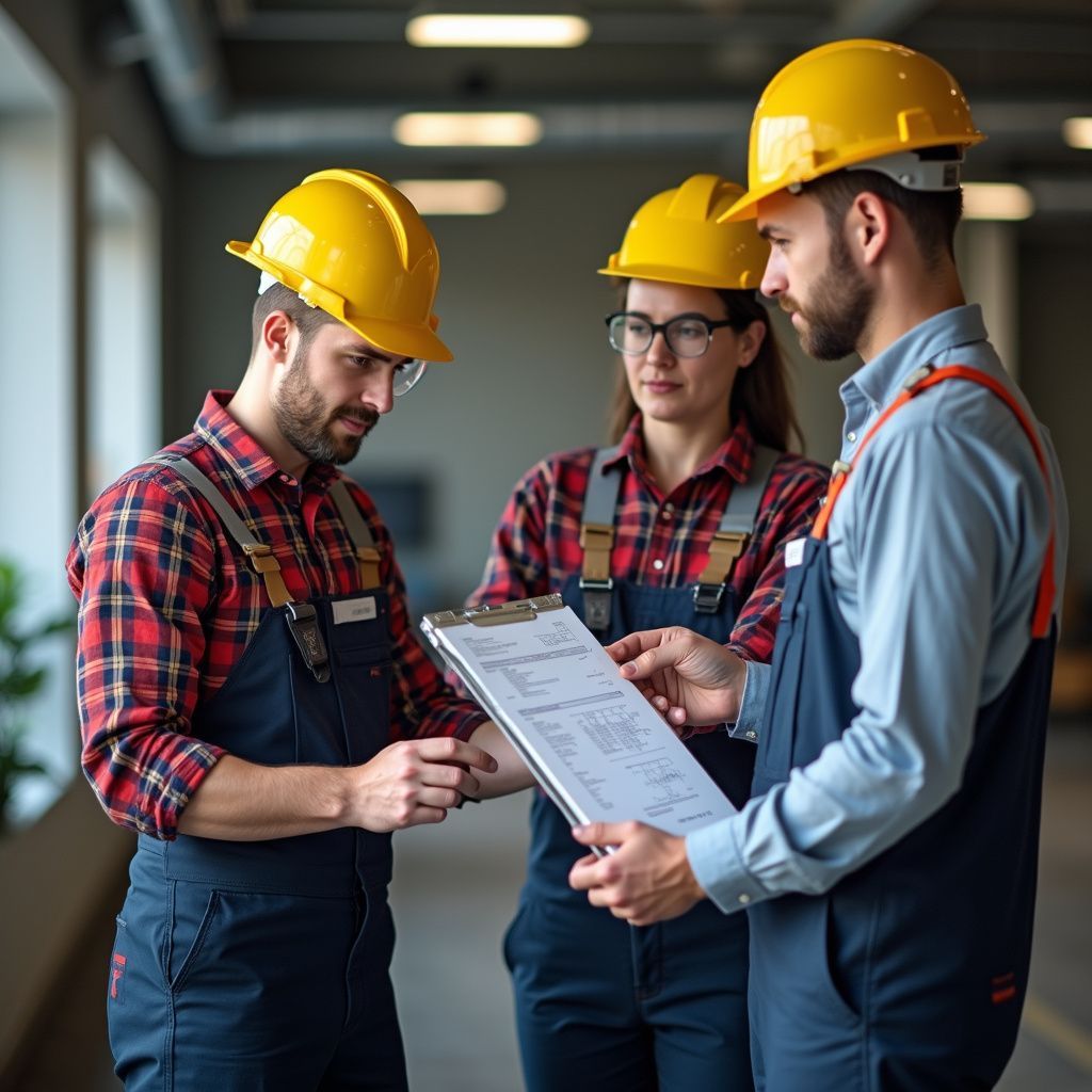 Three workers in yellow hard hats and overalls review a document indoors.