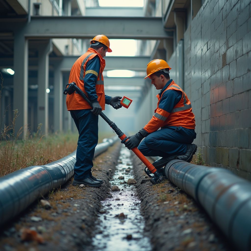 Two workers in orange safety vests inspect pipes with a tool in an industrial setting.