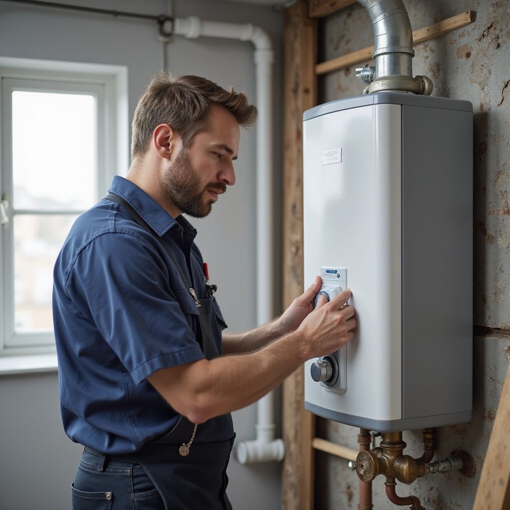 A plumber in blue adjusts a water heater control in utility room. Tankless water heater and leak detection and repair.