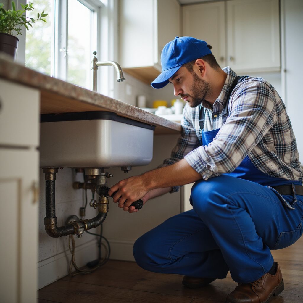 Plumber in blue workwear, fixing pipes under a kitchen sink. Kitchen plumbing repair. Kitchen plumber in Jefferson GA.