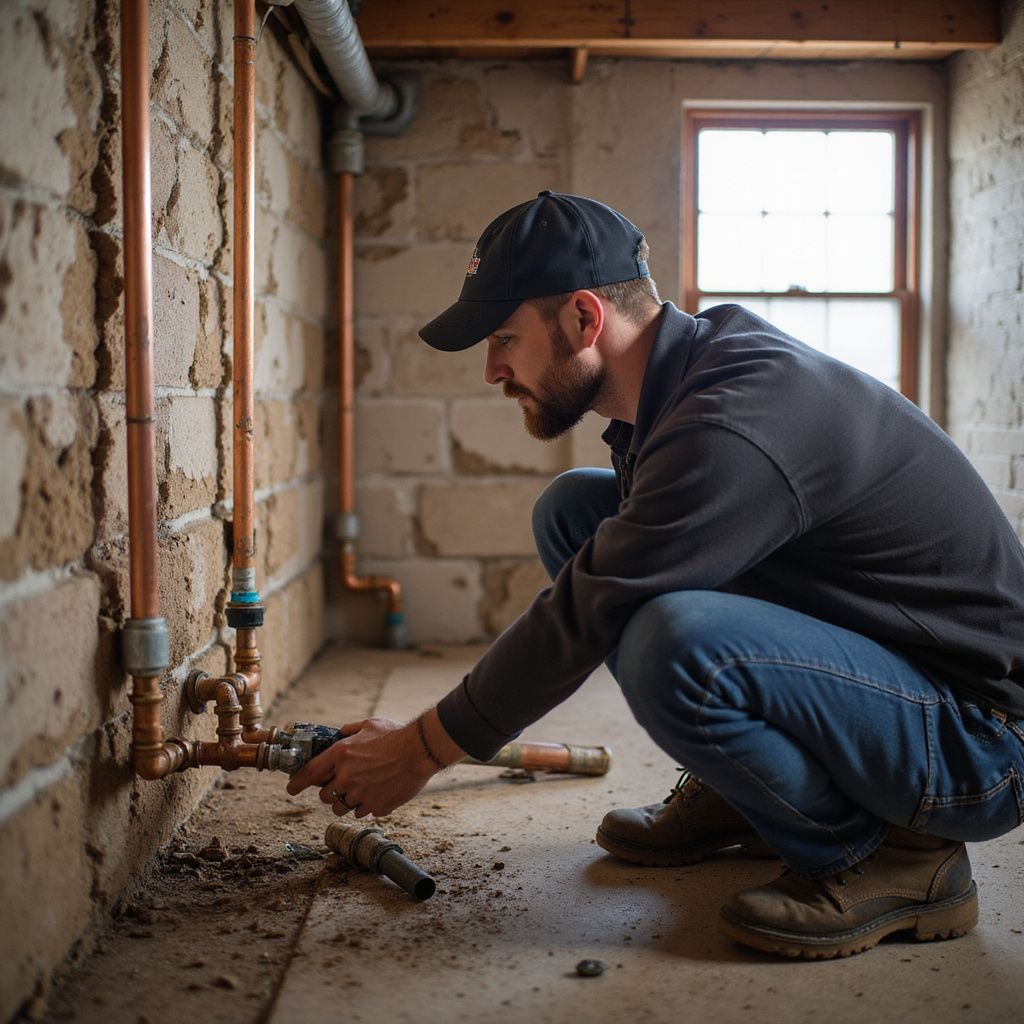 Plumber working on copper pipes in a basement. He is wearing a black cap, jeans, and work boots. Basement plumbing repairs.