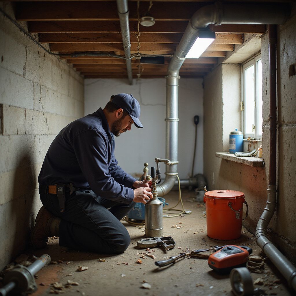 Plumber kneels in a basement, working on pipes with tools. The room has concrete walls and exposed ceiling beams.