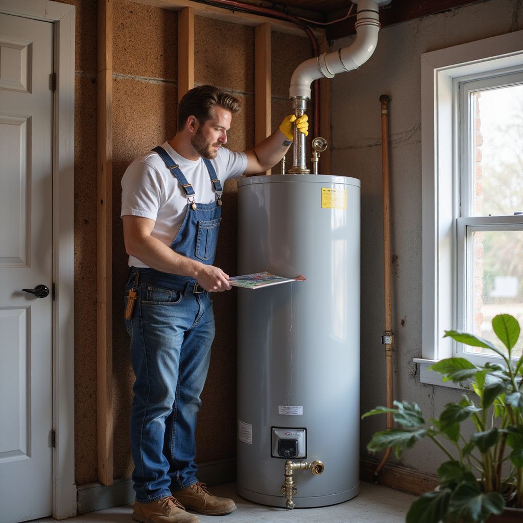 Plumber inspecting a tall water heater in a utility room; wearing overalls, holding paperwork.
