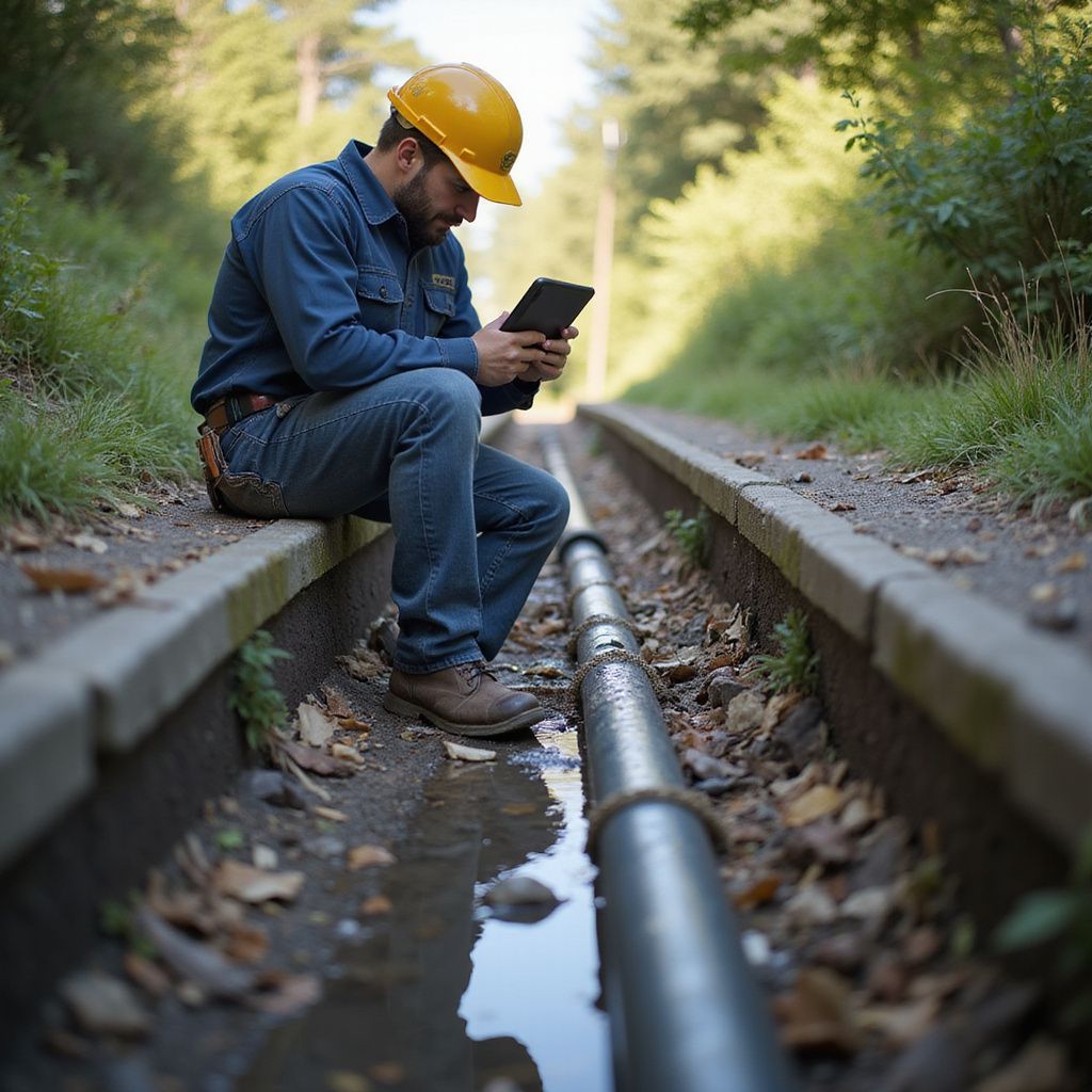Man in hard hat examines a tablet while sitting beside a pipeline in a ditch.