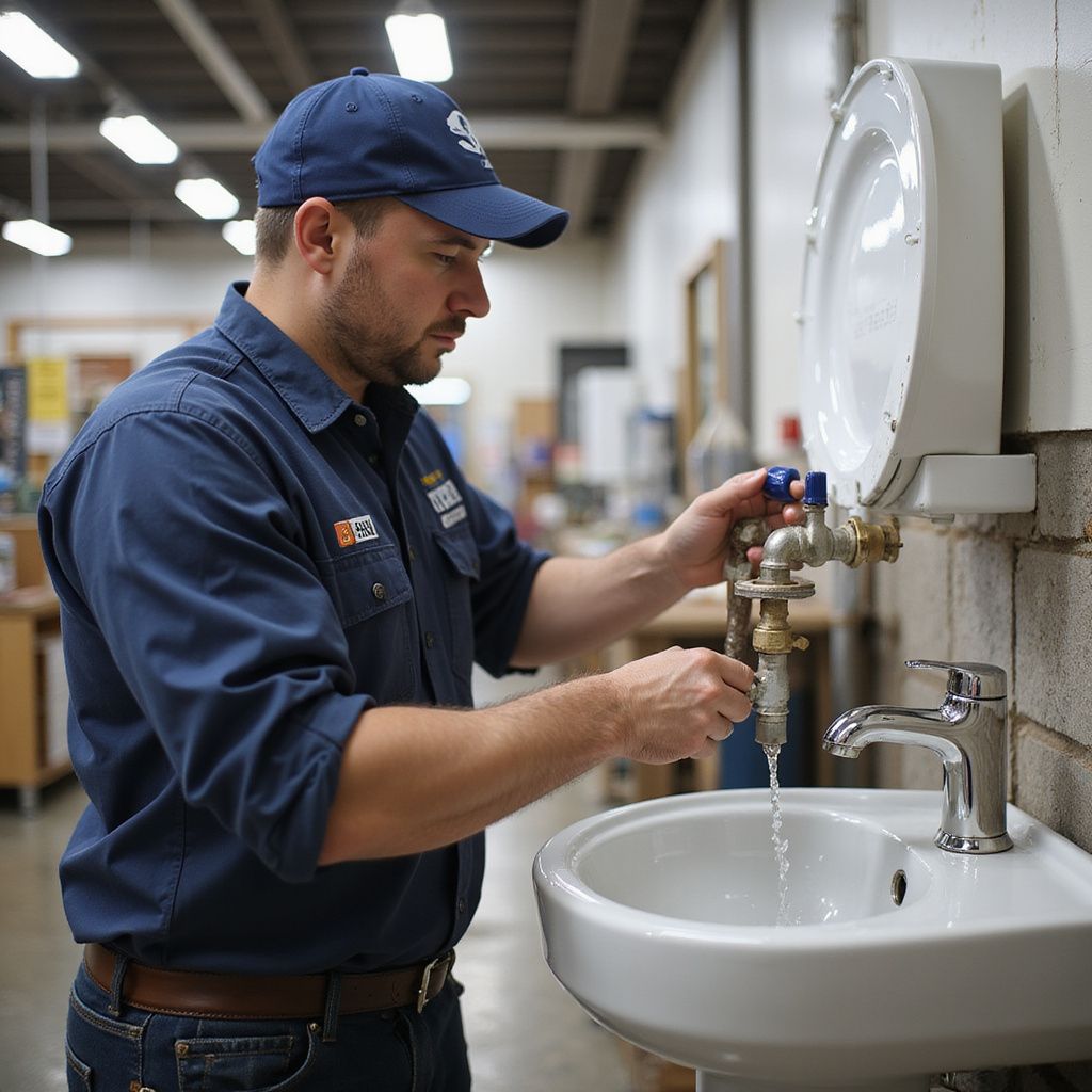Plumber in a blue uniform working on a sink, checking water flow.