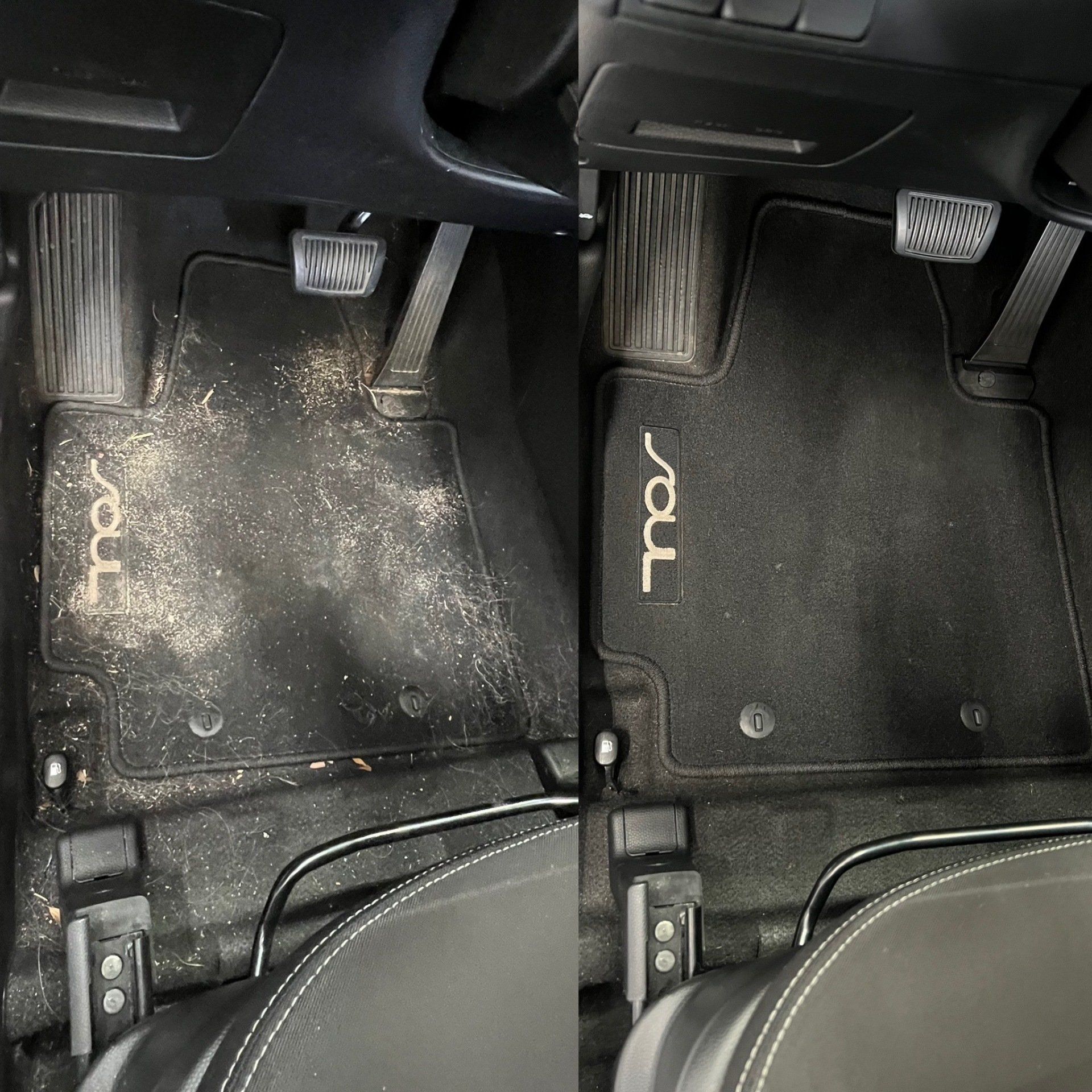 A before and after picture of a car floor mat.
