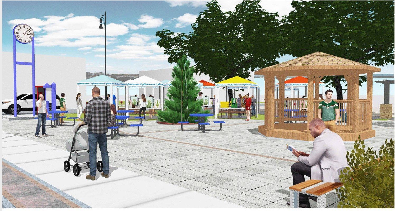 Rendering of community enjoying Clifford Rotary Celebration Square in summer