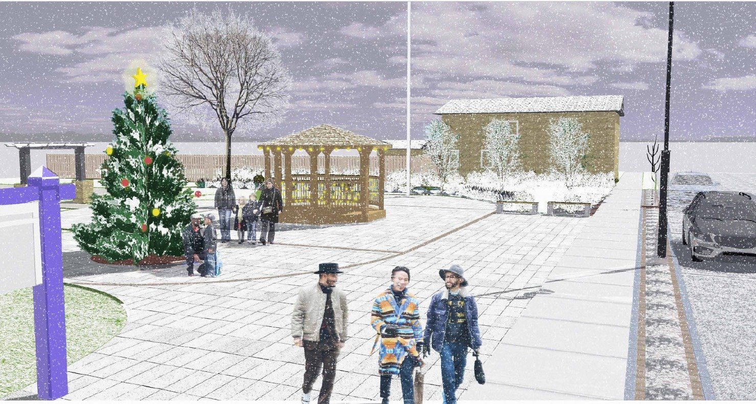 Winter rendering of Clifford Rotary Celebration Square with Christmas tree and visitors
