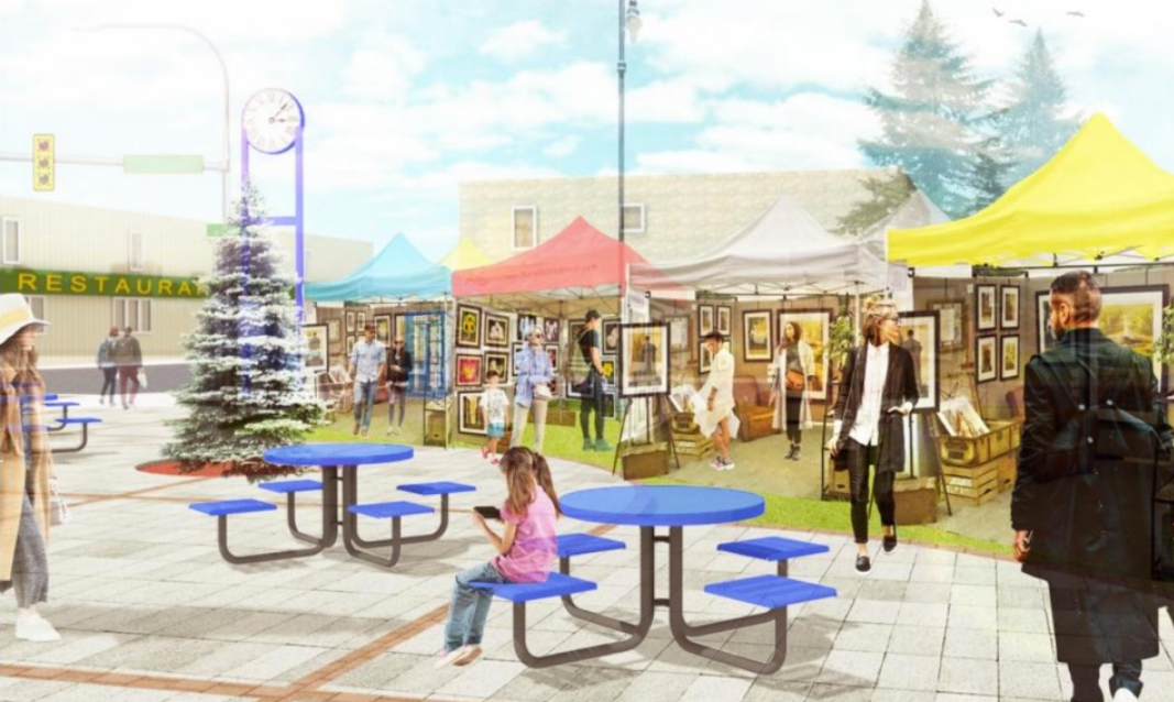 Rendering of Clifford Rotary Celebration Square with market booths and visitors