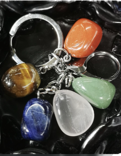 A key chain with various colored stones on it