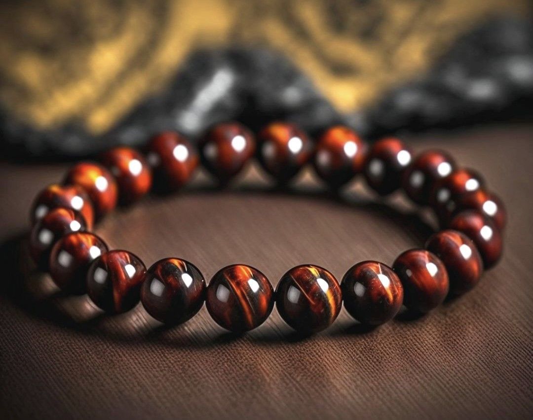 A close up of a bracelet made of brown beads on a wooden table.