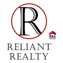 A red and white logo for rise realty