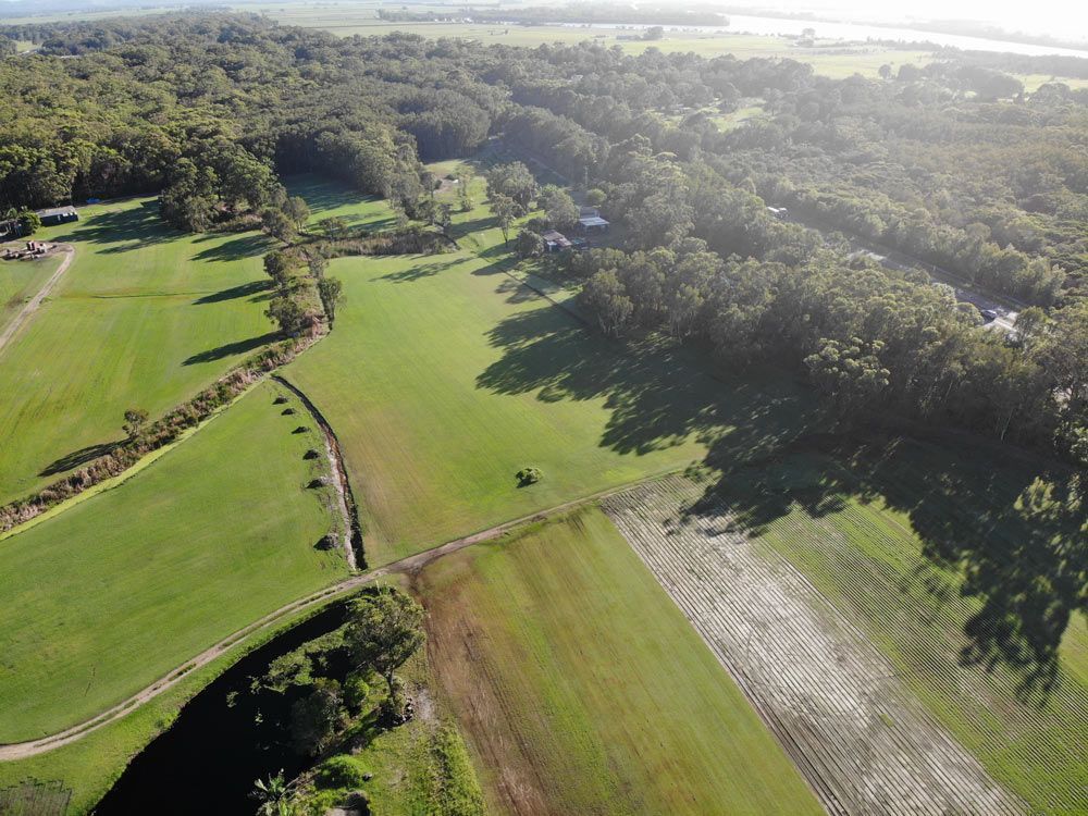 An Aerial View Of A Lush Green Field Surrounded By Trees — Headlands Glass in Wardell, NSW