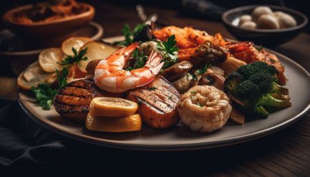 A plate of seafood and vegetables on a wooden table.